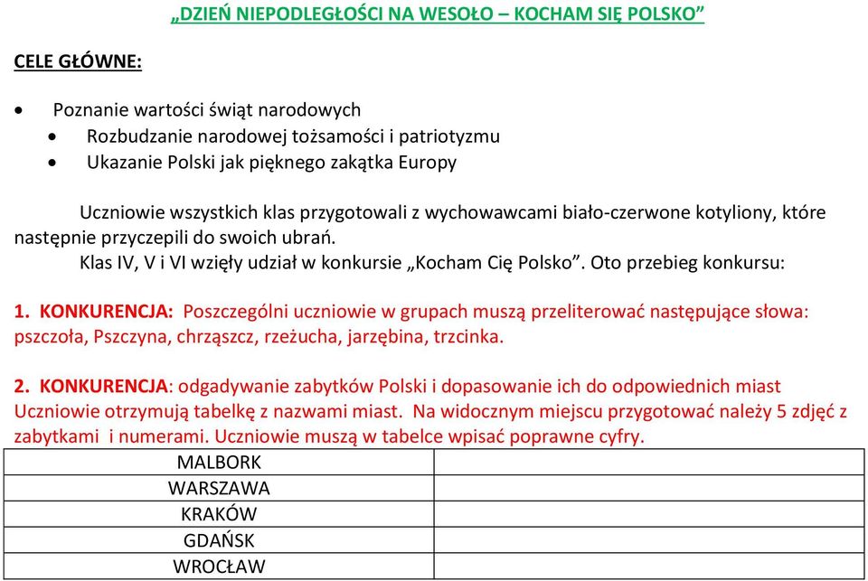 Oto przebieg konkursu: 1. KONKURENCJA: Poszczególni uczniowie w grupach muszą przeliterować następujące słowa: pszczoła, Pszczyna, chrząszcz, rzeżucha, jarzębina, trzcinka. 2.