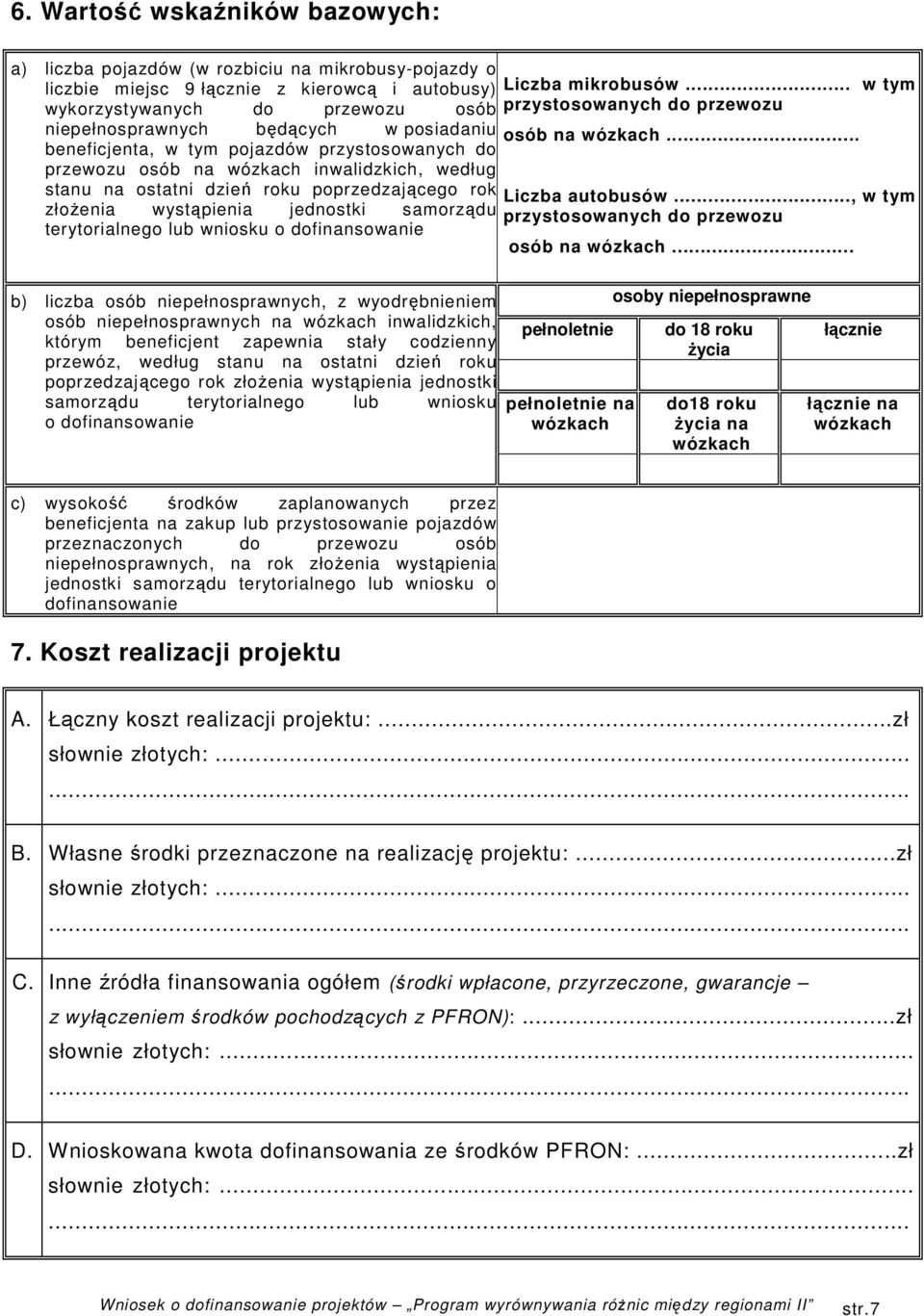 terytorialnego lub wniosku o dofinansowanie b) liczba osób niepełnosprawnych, z wyodrębnieniem osób niepełnosprawnych na wózkach inwalidzkich, którym beneficjent zapewnia stały codzienny przewóz,