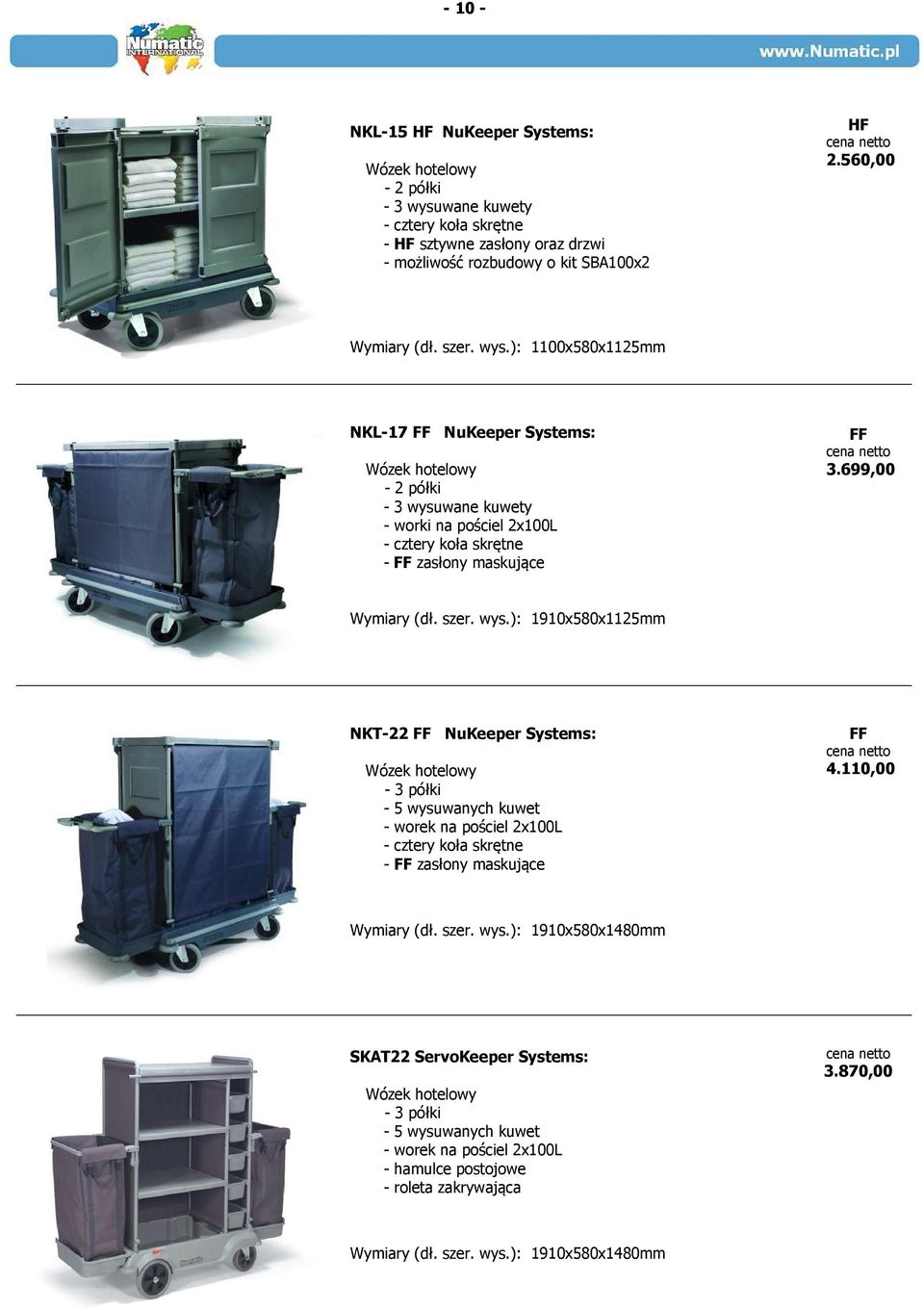 szer. wys.): 1910x580x1125mm NKT-22 FF NuKeeper Systems: Wózek hotelowy - 3 półki - 5 wysuwanych kuwet - worek na pościel 2x100L - cztery koła skrętne - FF zasłony maskujące FF 4.110,00 Wymiary (dł.