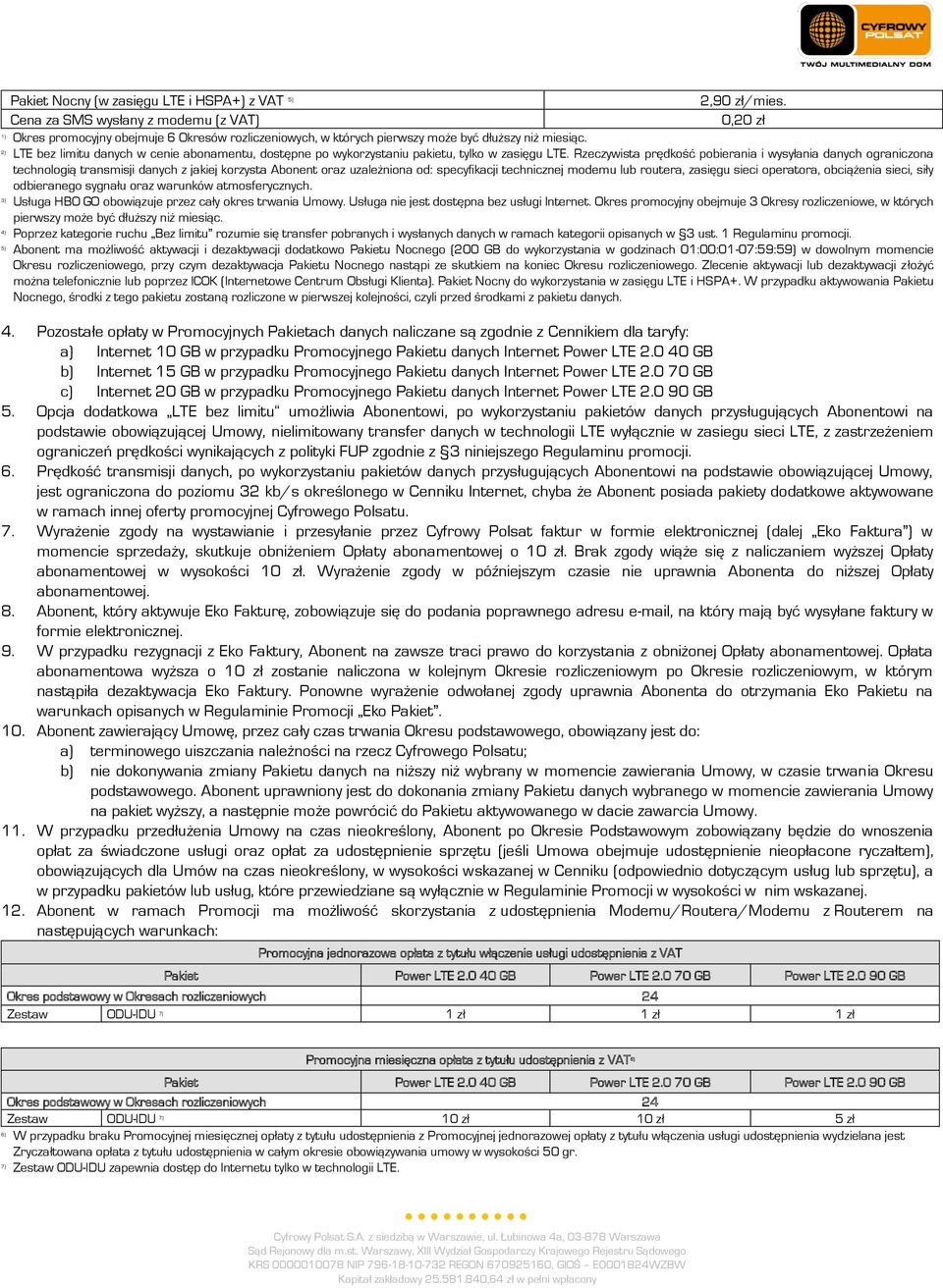 LTE bez limitu danych w cenie abonamentu, dostępne po wykorzystaniu pakietu, tylko w zasięgu LTE.