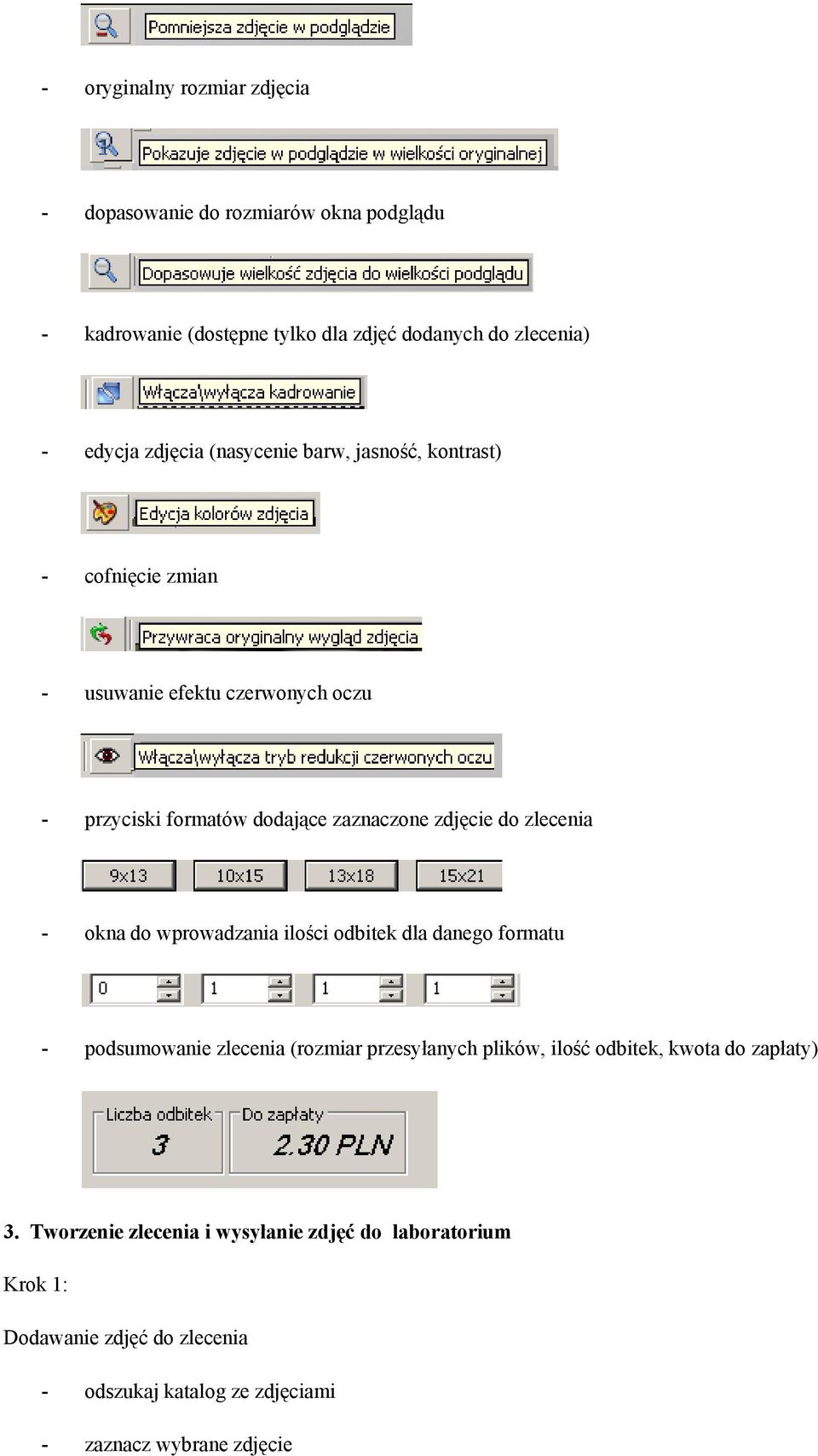 zlecenia - okna do wprowadzania ilości odbitek dla danego formatu - podsumowanie zlecenia (rozmiar przesyłanych plików, ilość odbitek, kwota do