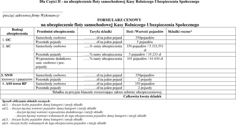 Przedmiot ubezpieczenia Taryfa składki Ilość /Wartość pojazdów Składki roczne* Samochody osobowe...zł/za jeden pojazd 350pojazdów Pozostałe pojazdy..zł/za jeden pojazd 5 pojazdów 2.