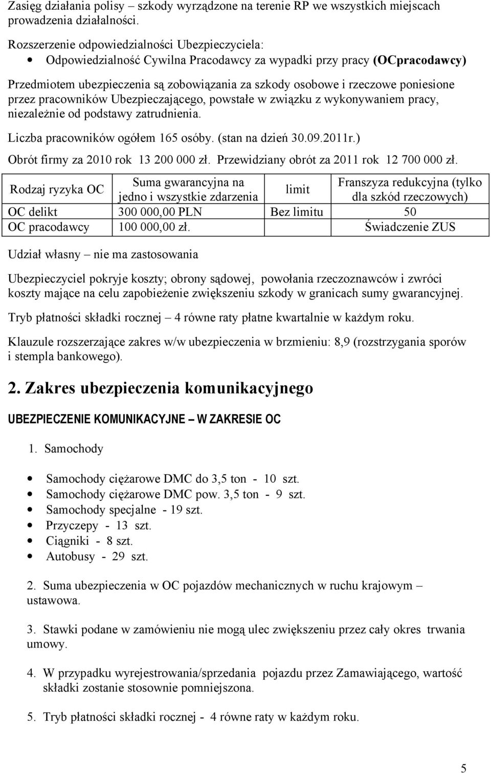 poniesione przez pracowników Ubezpieczającego, powstałe w związku z wykonywaniem pracy, niezależnie od podstawy zatrudnienia. Liczba pracowników ogółem 165 osóby. (stan na dzień 30.09.2011r.