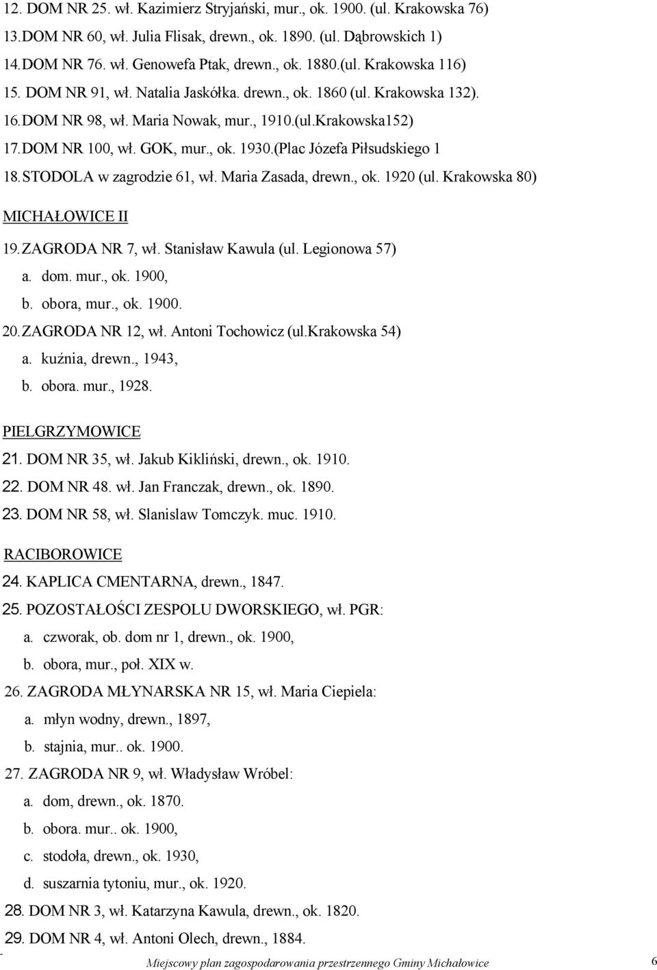 (Plac Józefa Piłsudskiego 1 18. STODOLA w zagrodzie 61, wł. Maria Zasada, drewn., ok. 1920 (ul. Krakowska 80) MICHAŁOWICE II 19. ZAGRODA NR 7, wł. Stanisław Kawula (ul. Legionowa 57) a. dom. mur., ok. 1900, b.