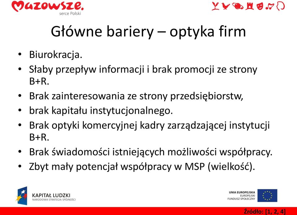 Brak zainteresowania ze strony przedsiębiorstw, brak kapitału instytucjonalnego.