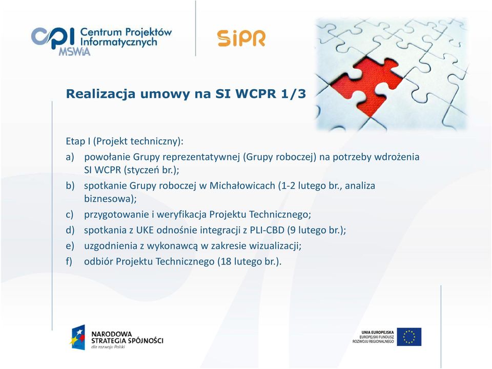 , analiza biznesowa); c) przygotowanie i weryfikacja Projektu Technicznego; d) spotkania z UKE odnośnie integracji