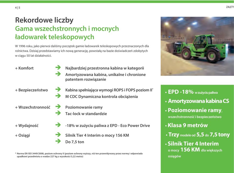 + Komfort è Najbardziej przestronna kabina w kategorii è Amortyzowana kabina, unikalne i chronione patentem rozwiązanie + Bezpieczeństwo è Kabina spełniająca wymogi ROPS i FOPS poziom II * è M CDC