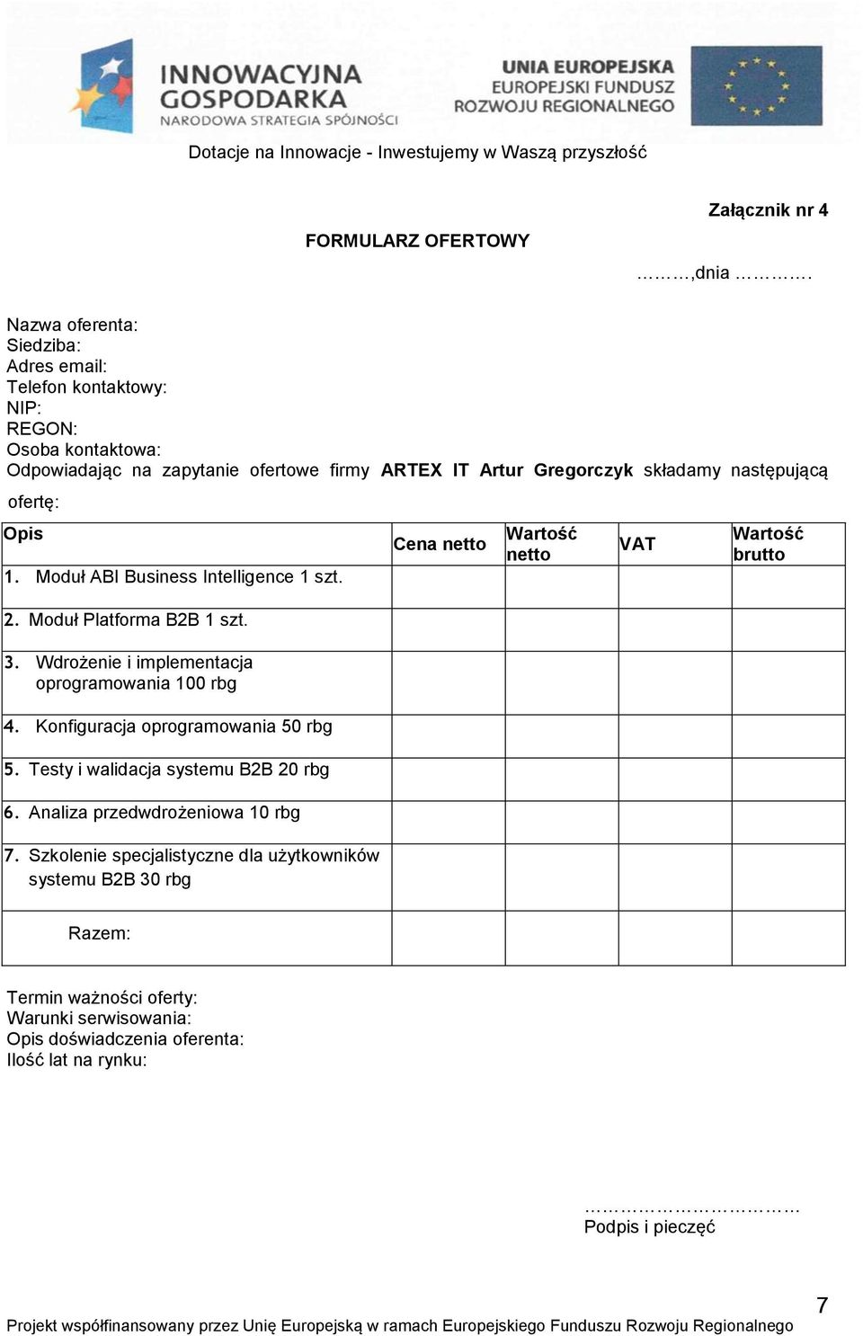 następującą ofertę: Opis 1. Moduł ABI Business Intelligence 1 szt. 2. Moduł Platforma B2B 1 szt. 3. Wdrożenie i implementacja oprogramowania 100 rbg 4.