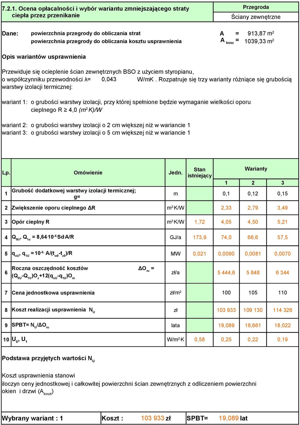 obliczania kosztu usprawnienia A kosz = 1039,33 m 2 Opis wariantów usprawnienia Przewiduje się ocieplenie ścian zewnętrznych BSO z użyciem styropianu, o współczynniku przewodności λ= 0,043 W/mK.