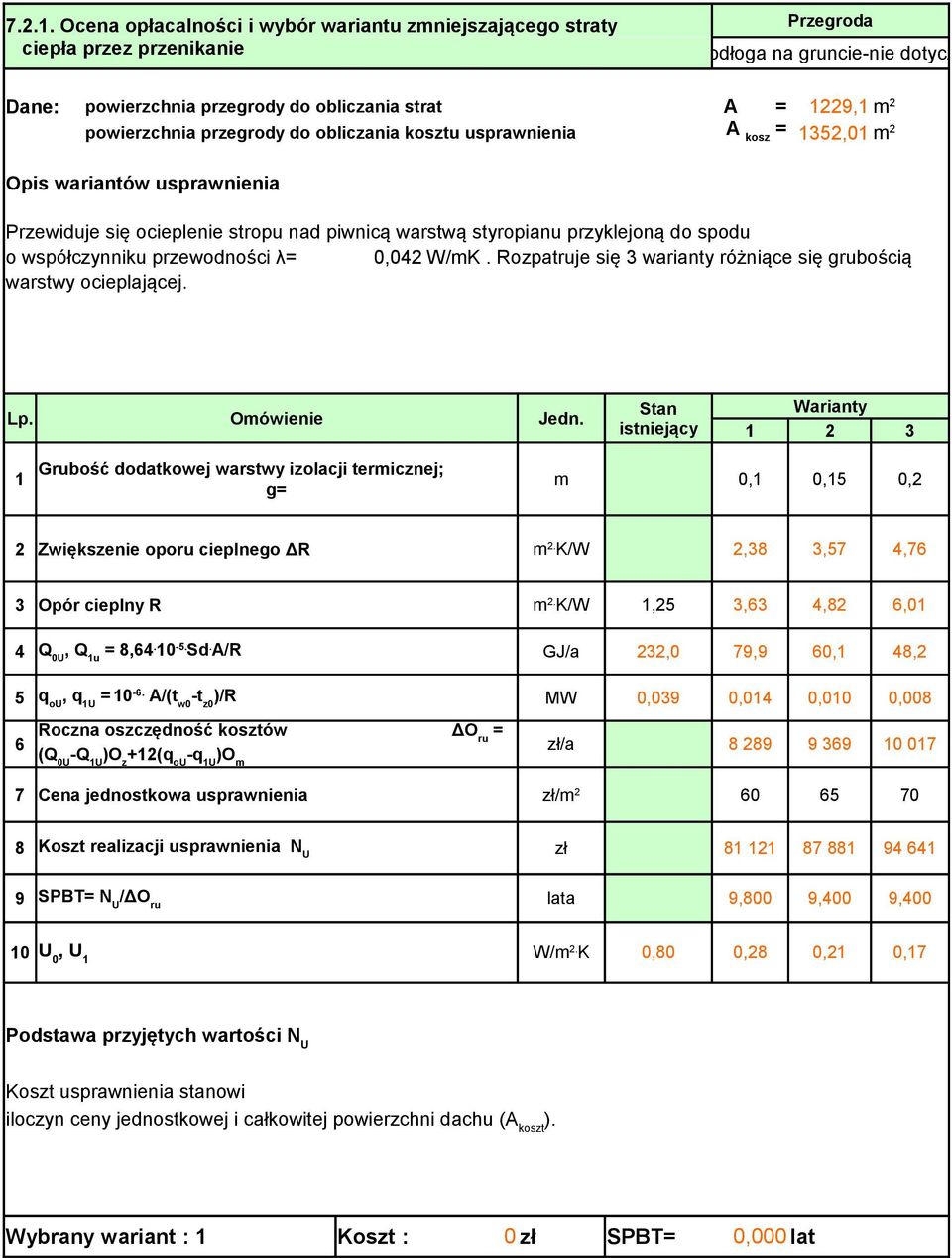 przegrody do obliczania kosztu usprawnienia A kosz = 1352,01 m 2 Opis wariantów usprawnienia Przewiduje się ocieplenie stropu nad piwnicą warstwą styropianu przyklejoną do spodu o współczynniku