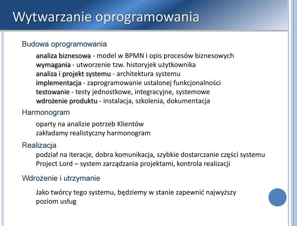 systemowe wdrożenie produktu - instalacja, szkolenia, dokumentacja Harmonogram oparty na analizie potrzeb Klientów zakładamy realistyczny harmonogram Realizacja podział na