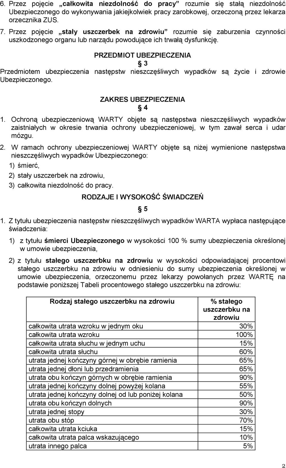 PRZEDMIOT UBEZPIECZENIA 3 Przedmiotem ubezpieczenia następstw nieszczęśliwych wypadków są życie i zdrowie Ubezpieczonego. ZAKRES UBEZPIECZENIA 4 1.