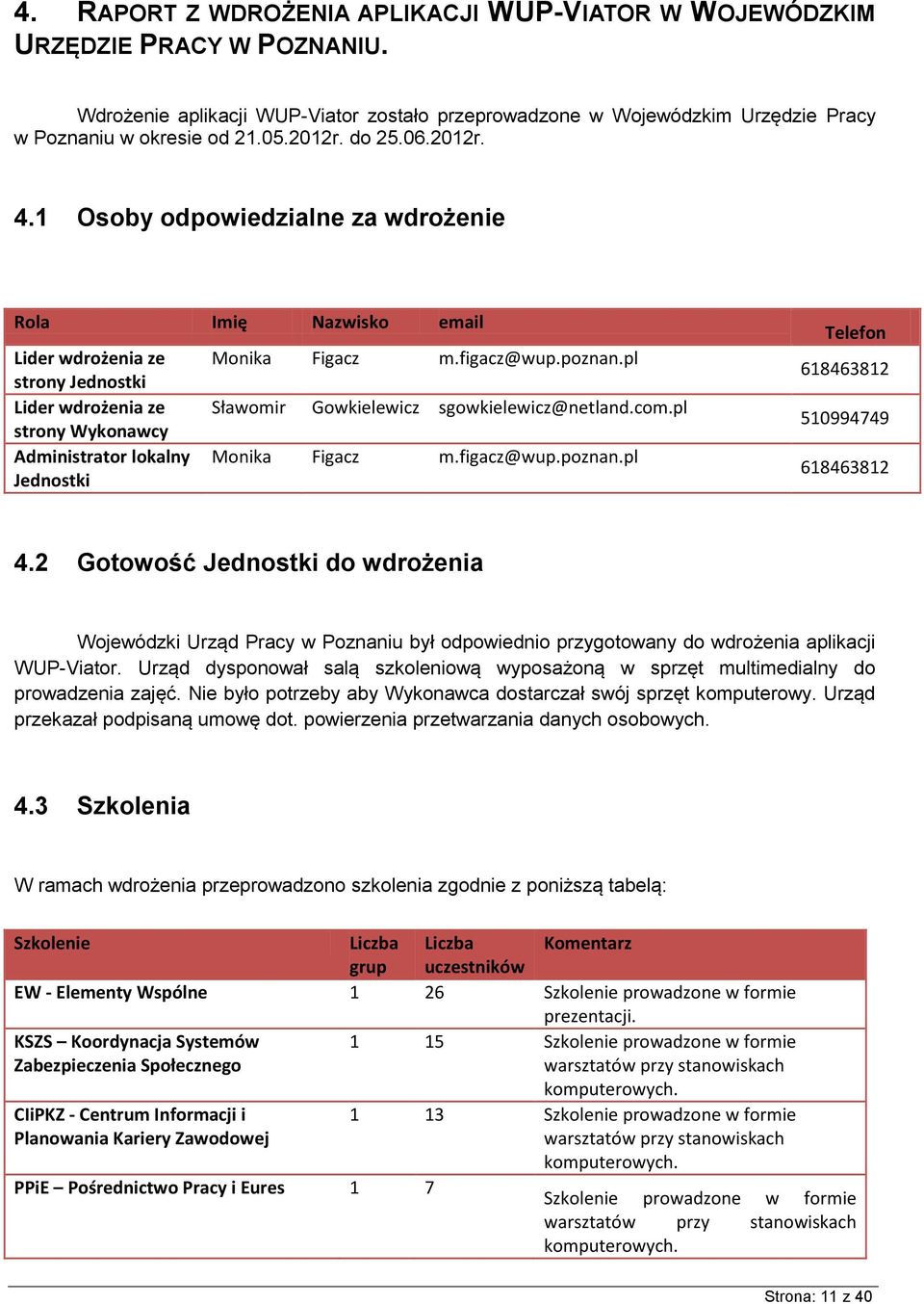 1 Osoby odpowiedzialne za wdrożenie Rola Imię Nazwisko email Lider wdrożenia ze strony Jednostki Lider wdrożenia ze strony Wykonawcy Administrator lokalny Jednostki Monika Figacz m.figacz@wup.poznan.