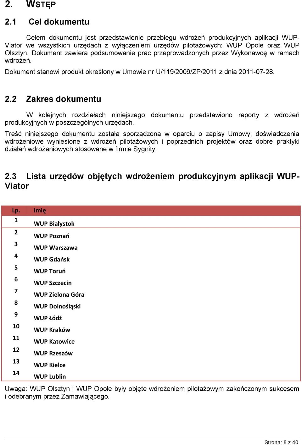 Dokument zawiera podsumowanie prac przeprowadzonych przez Wykonawcę w ramach wdrożeń. Dokument stanowi produkt określony w Umowie nr U/119/2009/ZP/2011 z dnia 20