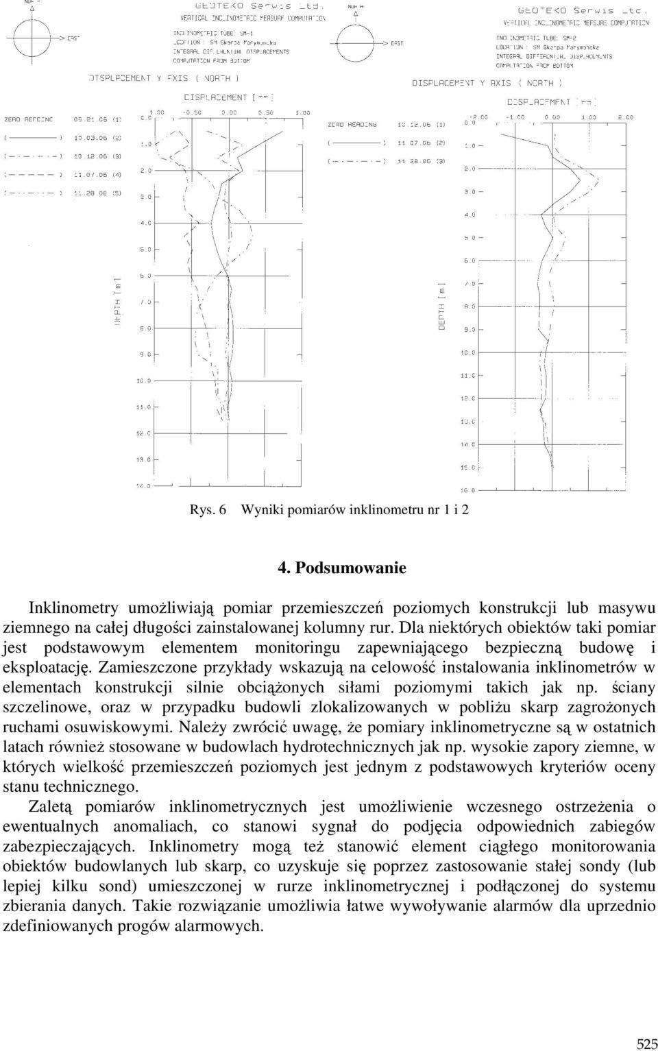 Zamieszczone przykłady wskazują na celowość instalowania inklinometrów w elementach konstrukcji silnie obciąŝonych siłami poziomymi takich jak np.