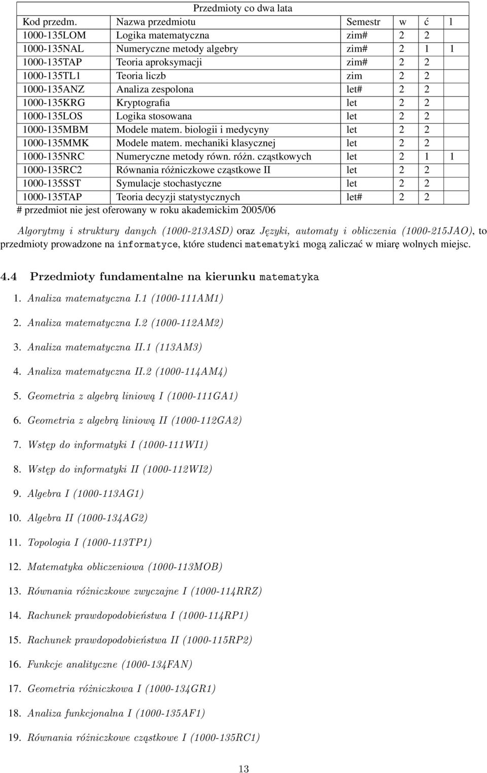 1000-135ANZ Analiza zespolona let# 2 2 1000-135KRG Kryptografia let 2 2 1000-135LOS Logika stosowana let 2 2 1000-135MBM Modele matem. biologii i medycyny let 2 2 1000-135MMK Modele matem.