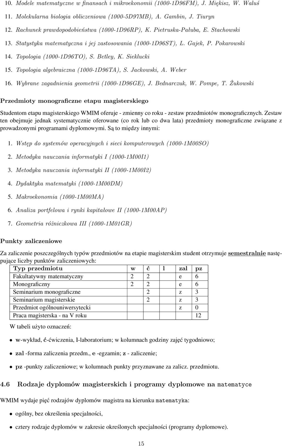 Betley, K. Sieklucki 15. Topologia algebraiczna (1000-1D96TA), S. Jackowski, A. Weber 16. Wybrane zagadnienia geometrii (1000-1D96GE), J. Bednarczuk, W. Pompe, T.