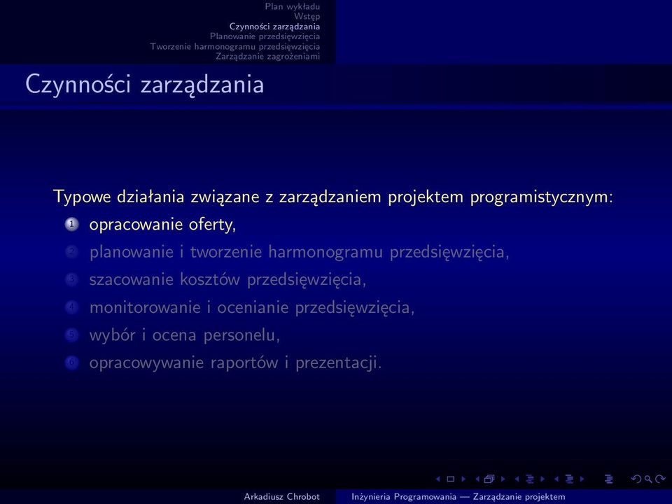 przedsięwzięcia, 3 szacowanie kosztów przedsięwzięcia, 4 monitorowanie i