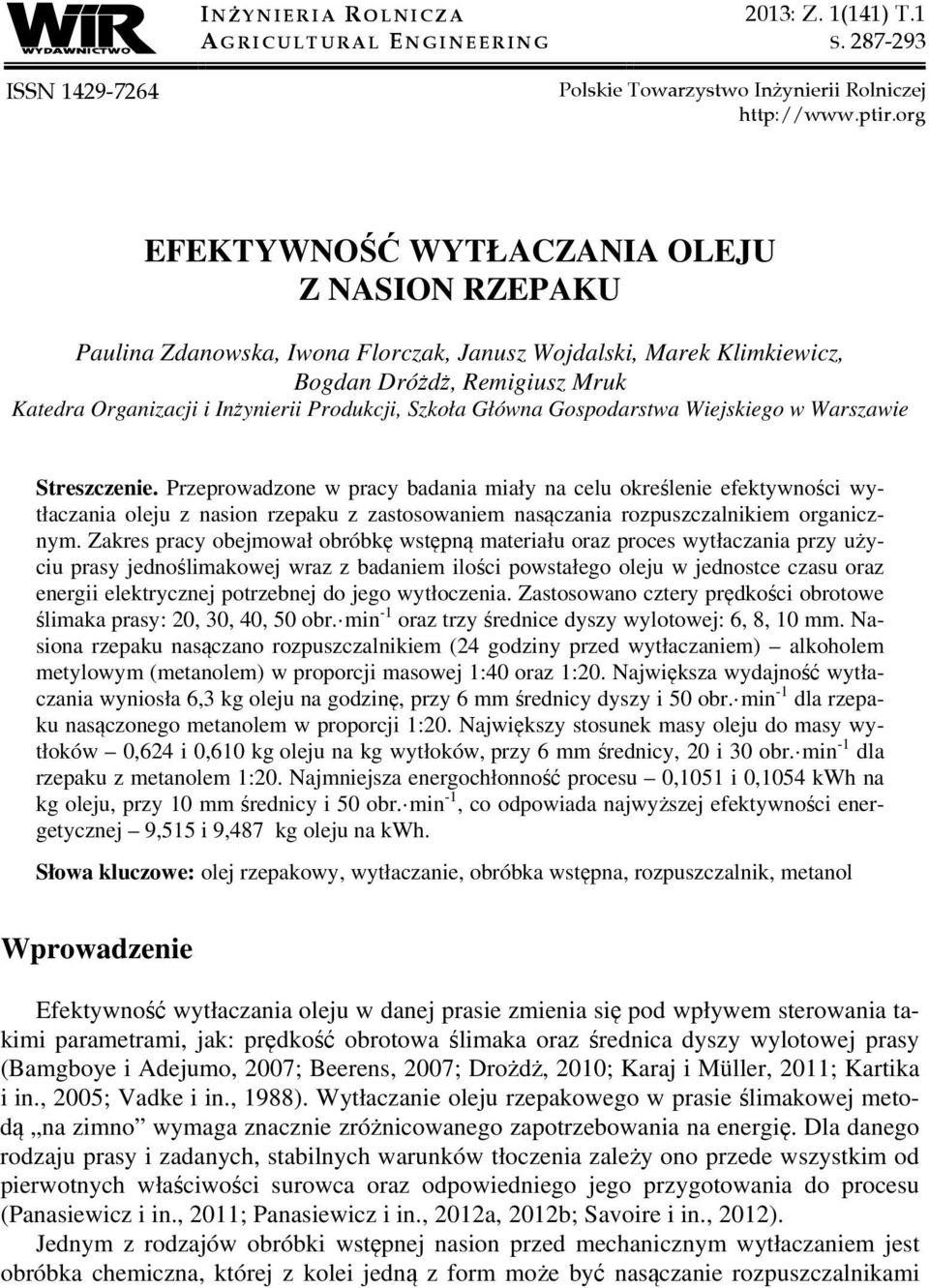 Szkoła Główna Gospodarstwa Wiejskiego w Warszawie Streszczenie.