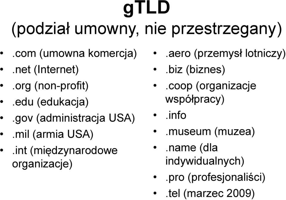 int (międzynarodowe organizacje).aero (przemysł lotniczy).biz (biznes).