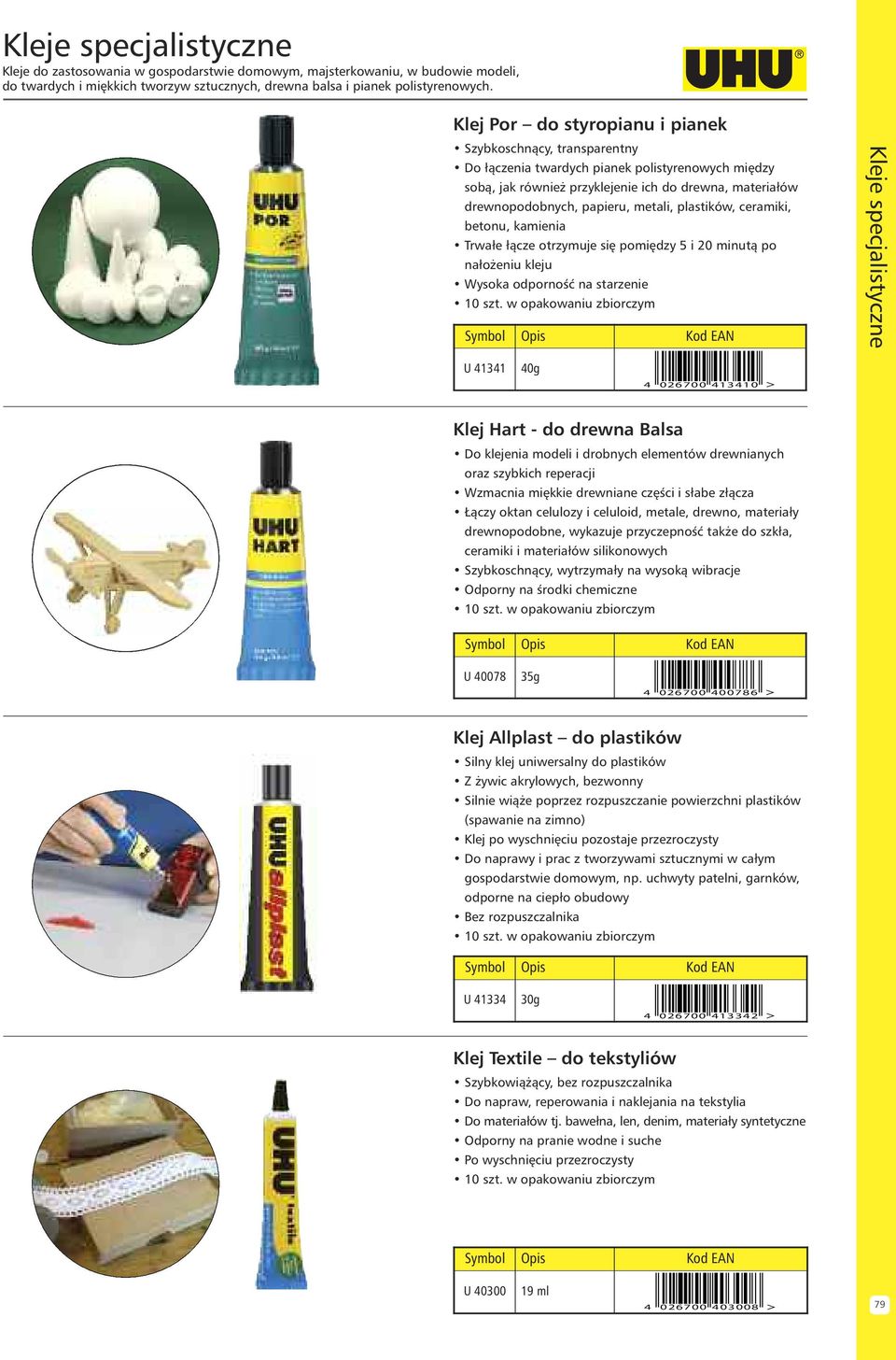 metali, plastików, ceramiki, betonu, kamienia Trwałe łàcze otrzymuje si pomi dzy 5 i 20 minutà po nało eniu kleju Wysoka odpornoêç na starzenie Kleje specjalistyczne U 41341 40g 4 026700 413410 Klej