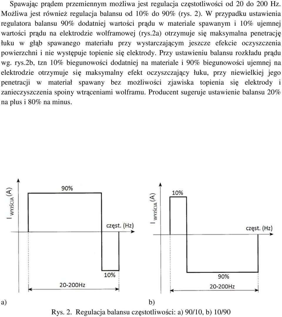 2a) otrzymuje się maksymalna penetrację łuku w głąb spawanego materiału przy wystarczającym jeszcze efekcie oczyszczenia powierzchni i nie występuje topienie się elektrody.