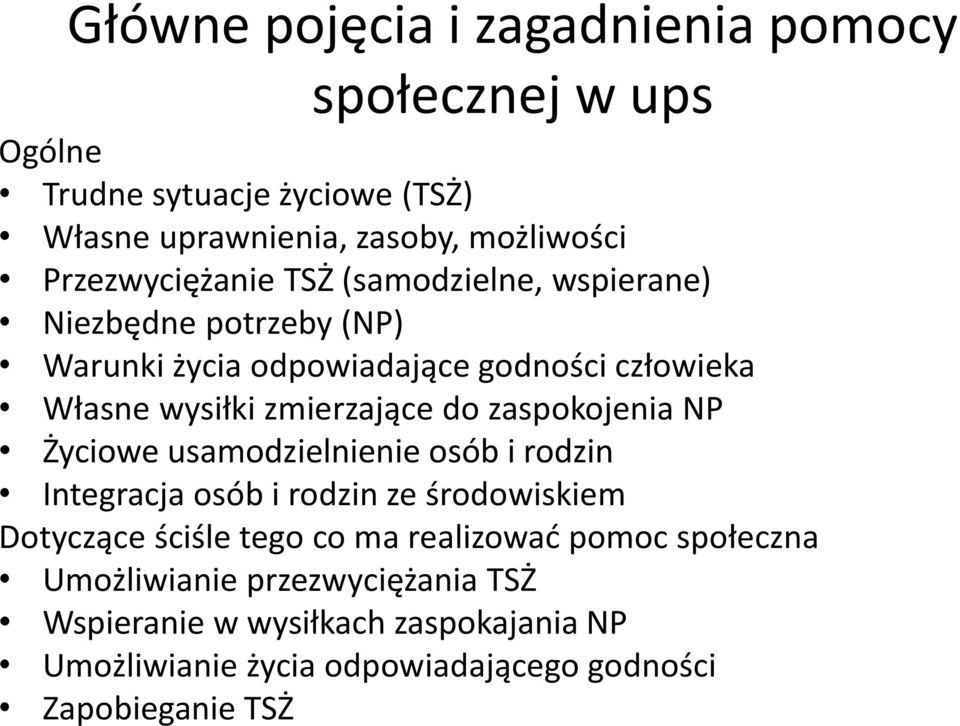 zmierzające do zaspokojenia NP Życiowe usamodzielnienie osób i rodzin Integracja osób i rodzin ze środowiskiem Dotyczące ściśle tego co ma