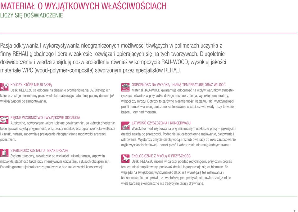 Długoletnie doświadczenie i wiedza znajdują odzwierciedlenie również w kompozycie RAU-WOOD, wysokiej jakości materiale WPC (wood-polymer-composite) stworzonym przez specjalistów REHAU.