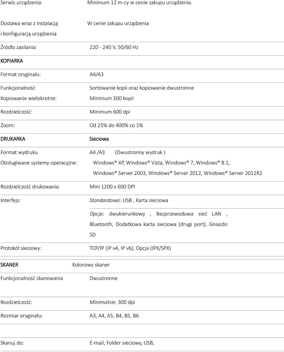 A4/A3 Sortowanie kopii oraz kopiowanie dwustronne Minimum 300 kopii Minimum 600 dpi Zoom: Od 25% do 400% co 1% DRUKARKA Sieciowa Format wydruku A4 /A3 (Dwustronny wydruk ) Obsługiwane systemy