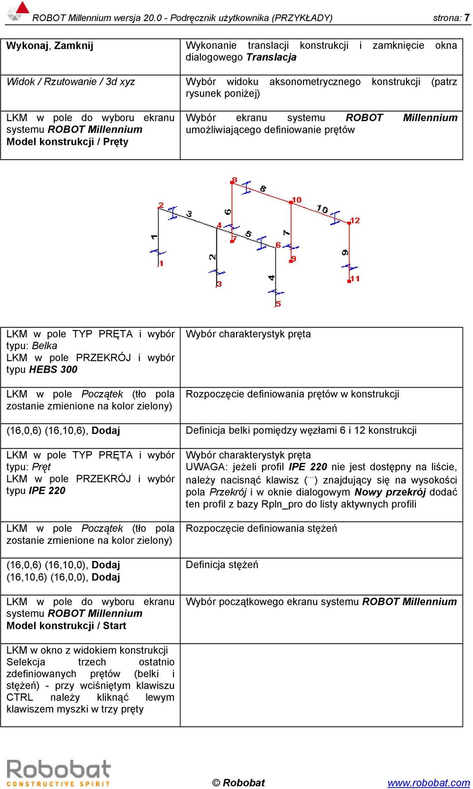 konstrukcji (patrz rysunek poniżej) Model konstrukcji / Pręty Wybór ekranu umożliwiającego definiowanie prętów LKM w pole TYP PRĘTA i wybór typu: Belka LKM w pole PRZEKRÓJ i wybór typu HEBS 300 LKM w