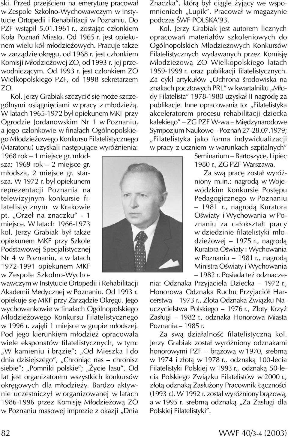 jest członkiem ZO Wielkopolskiego PZF, od 1998 sekretarzem ZO. Kol. Jerzy Grabiak szczycić się może szczególnymi osiągnięciami w pracy z młodzieżą.