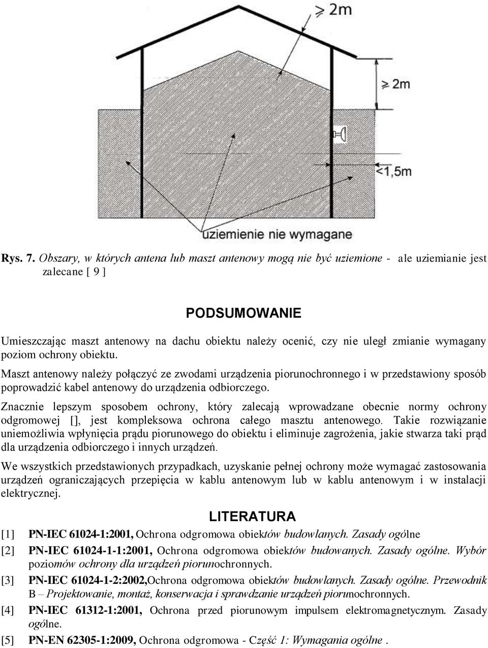 wymagany poziom ochrony obiektu. Maszt antenowy należy połączyć ze zwodami urządzenia piorunochronnego i w przedstawiony sposób poprowadzić kabel antenowy do urządzenia odbiorczego.