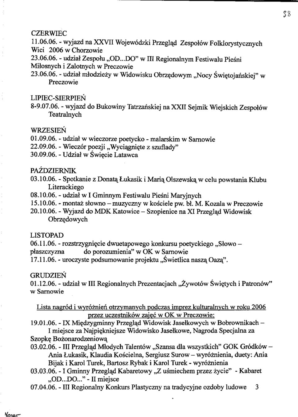 09.06. - udzial w wieczorze poetycko - malarskim w Sarnowie 22.09.06. - Wieczor poezji,,wyciaj*nie_te z szuflady" 30.09.06. - Udzial w Swie.cie Latawca PAZDZIERNIK 03.10.06. - Spotkanie z Donatq.