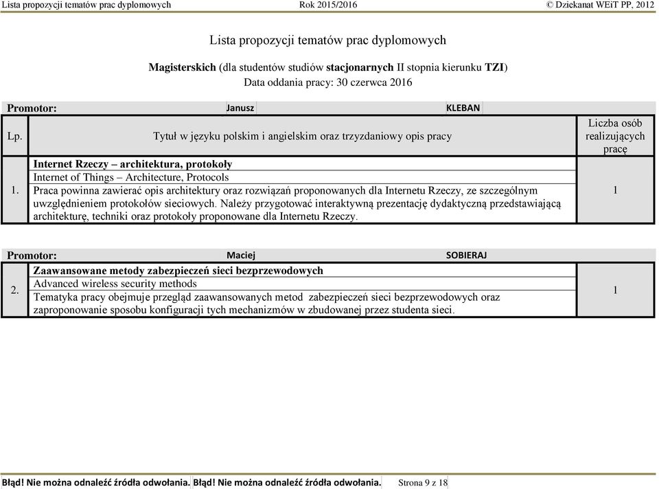. Tytuł w języku polskim i angielskim oraz trzyzdaniowy opis pracy Internet Rzeczy architektura, protokoły Internet of Things Architecture, Protocols Praca powinna zawierać opis architektury oraz