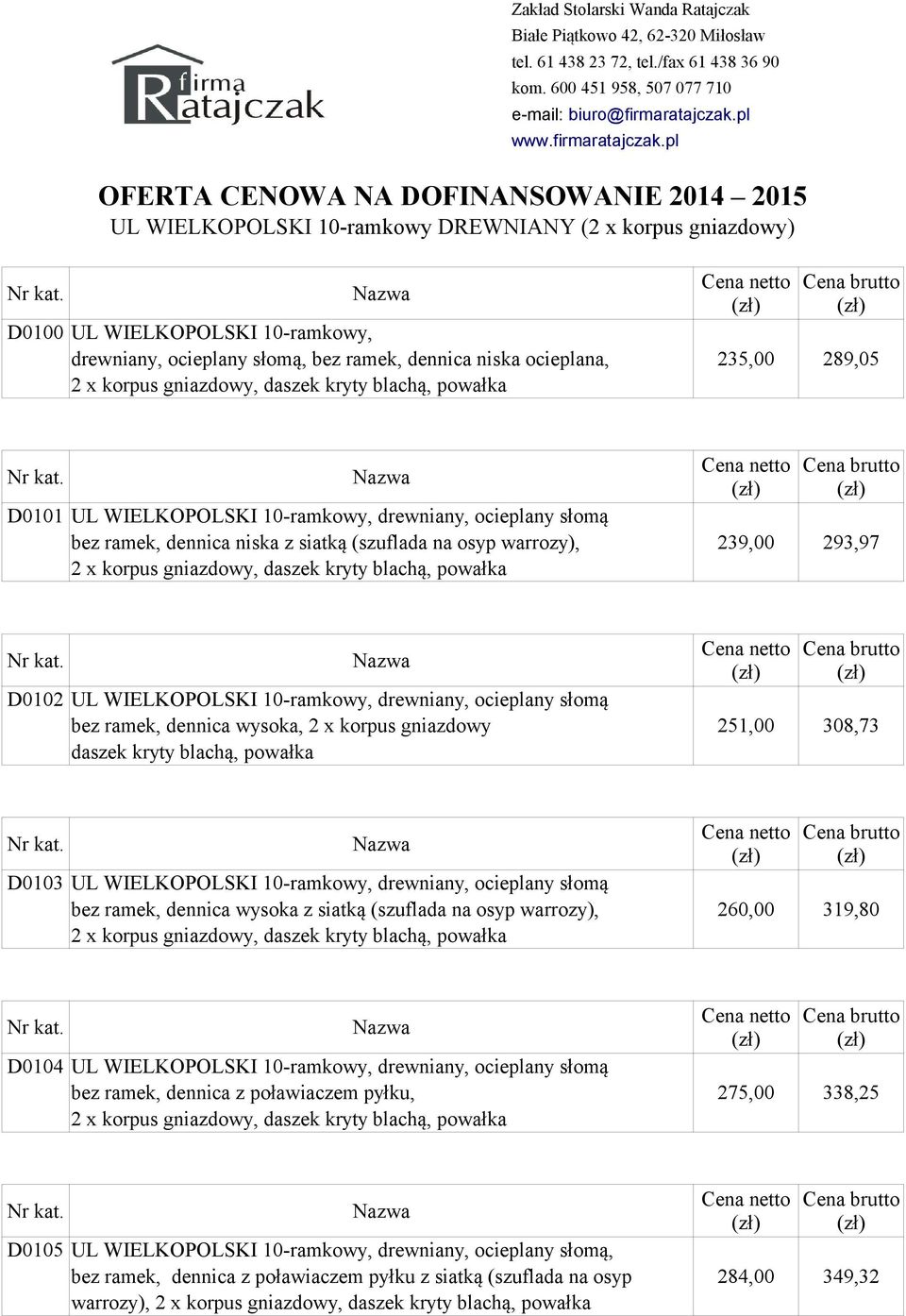kryty blachą, powałka D0102 UL WIELKOPOLSKI 10-ramkowy, drewniany, ocieplany słomą bez ramek, dennica wysoka, 2 x korpus gniazdowy 251,00 308,73 daszek kryty blachą, powałka D0103 UL WIELKOPOLSKI