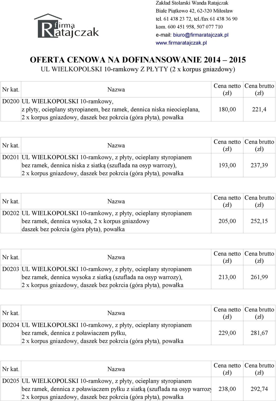 gniazdowy, daszek bez pokrcia (góra płyta), powałka D0202 UL WIELKOPOLSKI 10-ramkowy, z płyty, ocieplany styropianem bez ramek, dennica wysoka, 2 x korpus gniazdowy 205,00 252,15 daszek bez pokrcia