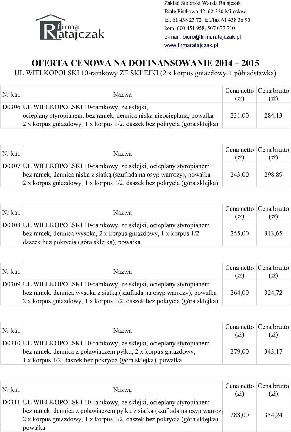 warrozy), powałka 243,00 298,89 2 x korpus gniazdowy, 1 x korpus 1/2, daszek bez pokrycia (góra sklejka) D0308 UL WIELKOPOLSKI 10-ramkowy, ze sklejki, ocieplany styropianem bez ramek, dennica wysoka,