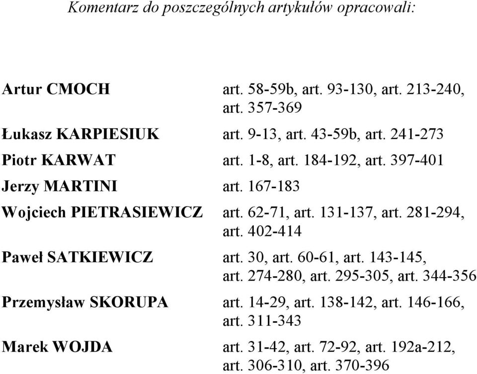 62-71, art. 131-137, art. 281-294, art. 402-414 Paweł SATKIEWICZ art. 30, art. 60-61, art. 143-145, art. 274-280, art. 295-305, art.