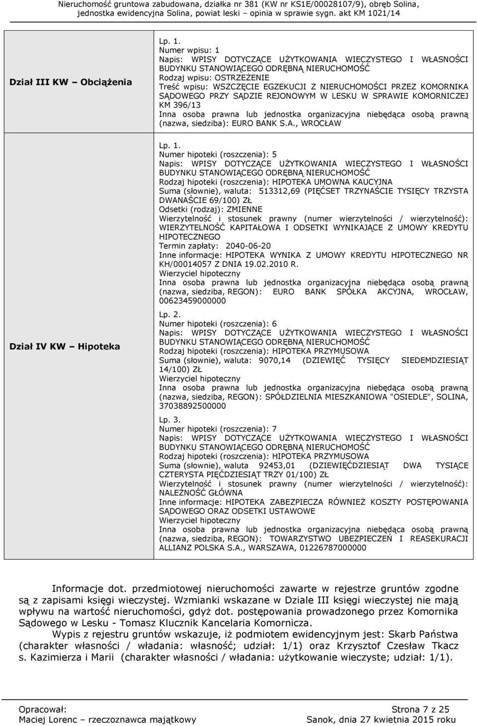 KOMORNIKA SĄDOWEGO PRZY SĄDZIE REJONOWYM W LESKU W SPRAWIE KOMORNICZEJ KM 396/13 Inna osoba prawna lub jednostka organizacyjna niebędąca osobą prawną (nazwa, siedziba) : EURO BANK S.A., WROCŁAW Dział IV KW Hipoteka Lp.