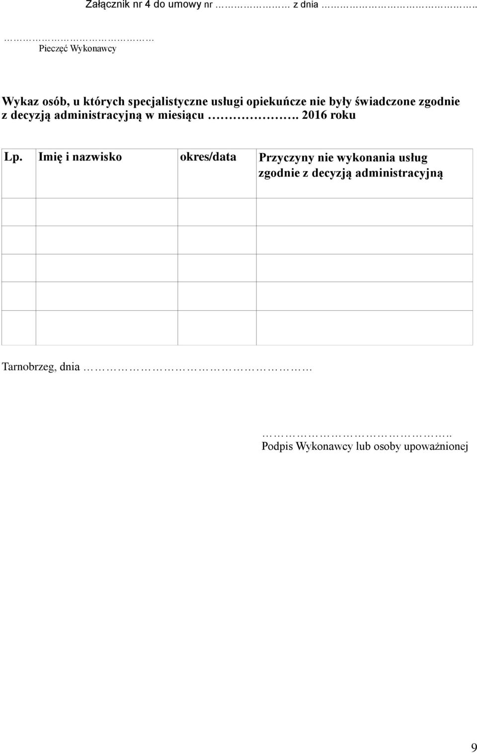 świadczone zgodnie z decyzją administracyjną w miesiącu. 2016 roku Lp.