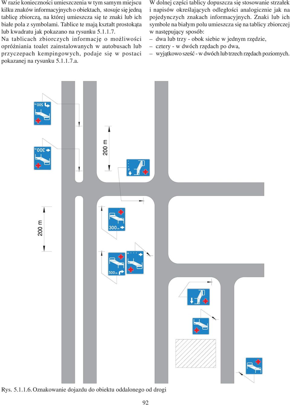 Na tablicach zbiorczych informacjê o mo liwoœci opró niania toalet zainstalowanych w autobusach lub przyczepach kempingowych, podaje siê w postaci pokazanej na rysunku 5.1.1.7.a. W dolnej czêœci tablicy dopuszcza siê stosowanie strza³ek i napisów okreœlaj¹cych odleg³oœci analogicznie jak na pojedynczych znakach informacyjnych.