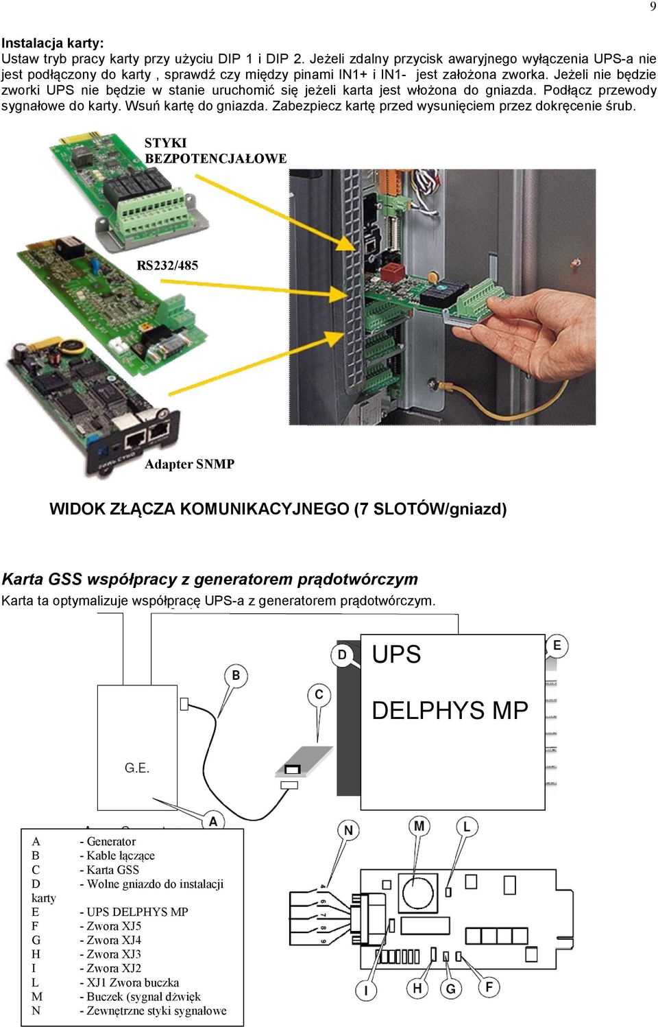 Jeżeli nie będzie zworki UPS nie będzie w stanie uruchomić się jeżeli karta jest włożona do gniazda. Podłącz przewody sygnałowe do karty. Wsuń kartę do gniazda.