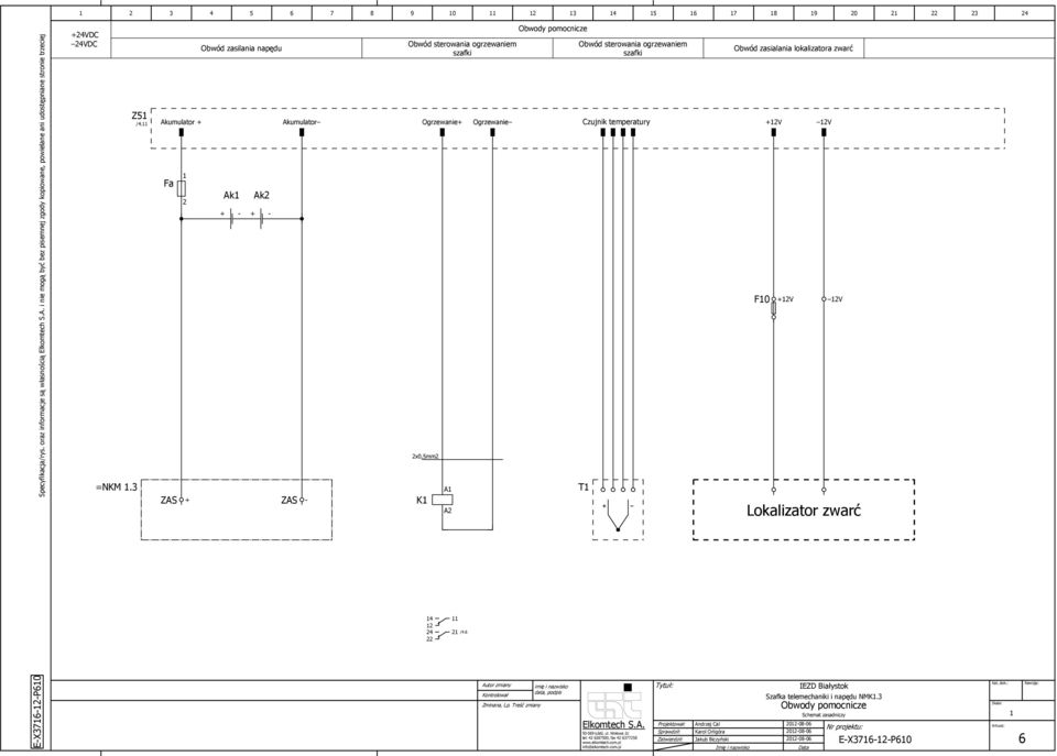 Obwód zasilania napędu Obwód sterowania ogrzewaniem szafki Akumulator + Akumulator Ogrzewanie+ Ogrzewanie Fa 2 Ak + - Ak2 + - ZAS + ZAS - 2x0,5mm2