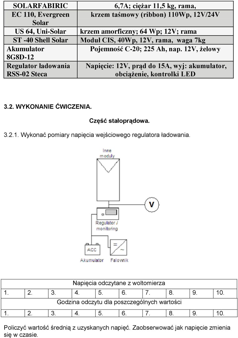 12V, żelowy Napięcie: 12V, prąd do 15A, wyj: akumulator, obciążenie, kontrolki LED 3.2. WYKONANIE ĆWICZENIA. Część stałoprądowa. 3.2.1. Wykonać pomiary napięcia wejściowego regulatora ładowania.