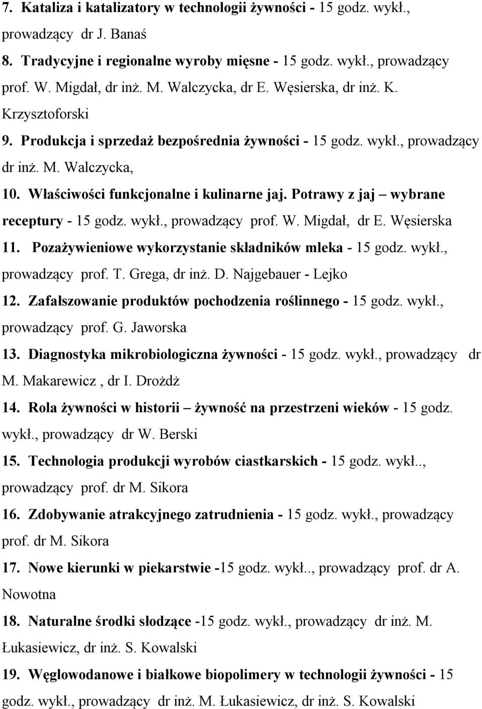 Potrawy z jaj wybrane receptury godz. wykł., prowadzący prof. W. Migdał, dr E. Węsierska 11. Pozażywieniowe wykorzystanie składników mleka godz. wykł., prowadzący prof. T. Grega, dr inż. D.