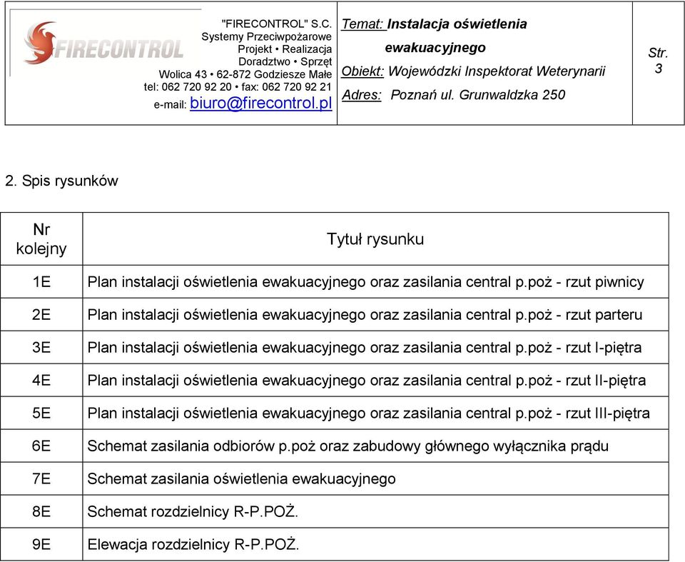 Spis rysunków Nr kolejny 1E 2E 3E 4E 5E 6E 7E 8E 9E Tytuł rysunku Plan instalacji oświetlenia ewakuacyjnego oraz zasilania central p.