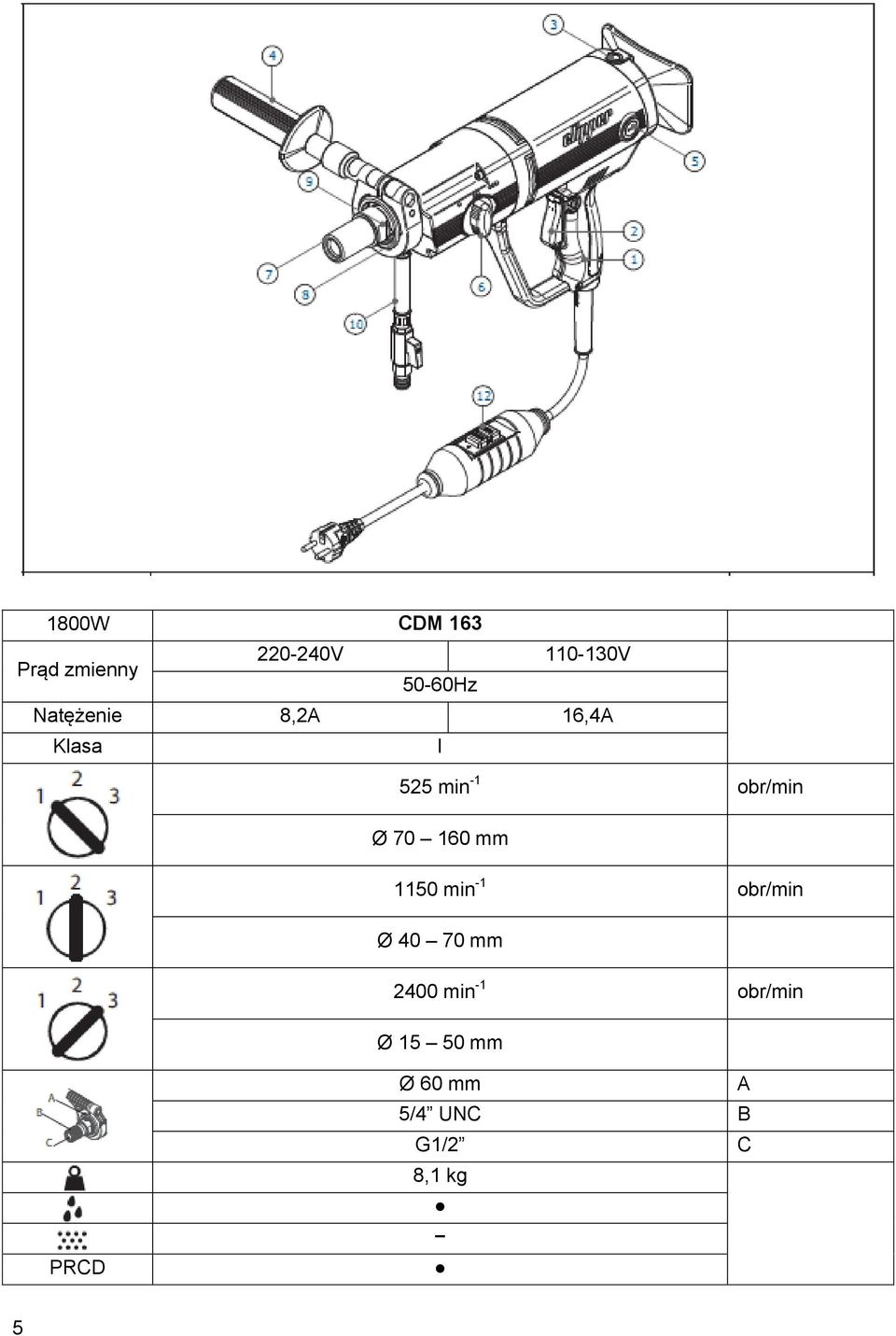 160 mm 1150 min -1 obr/min Ø 40 70 mm 2400 min -1