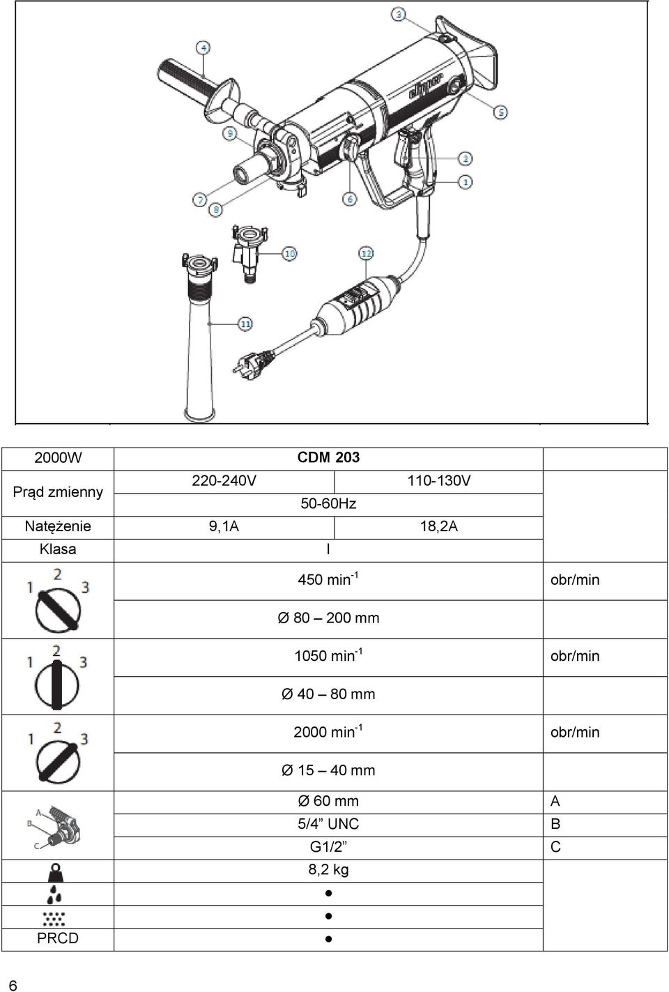 200 mm 1050 min -1 obr/min Ø 40 80 mm 2000 min -1