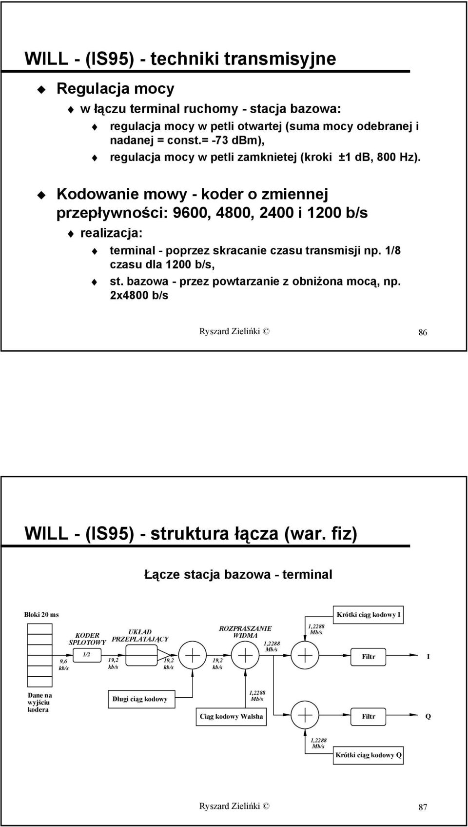Kodowanie mowy - koder o zmiennej przepływności: 9600, 4800, 2400 i 1200 b/s realizacja: terminal - poprzez skracanie czasu transmisji np. 1/8 czasu dla 1200 b/s, st.