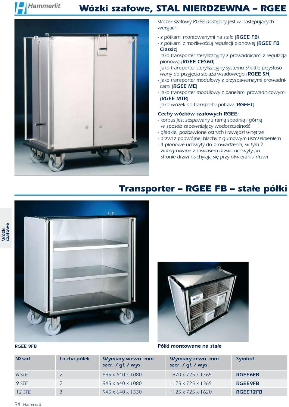 modułowy z przyspawanaymi prowadnicami (RGEE ME) - jako transporter modułowy z panelami prowadnicowymi (RGEE MTR) - jako wózek do transportu potraw (RGEET) Cechy wózków szafowych RGEE: - korpus jest